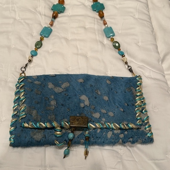 Handmade Genuine Hair-on-calf hide Cowprint & turquoise cross Bag - Picture 6 of 10